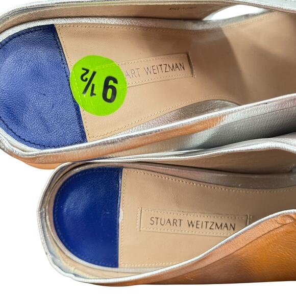 Stuart Weitzman Heeled Metallic Silver Mules Leather Women SZ 9.5 Formal Party - Picture 12 of 13